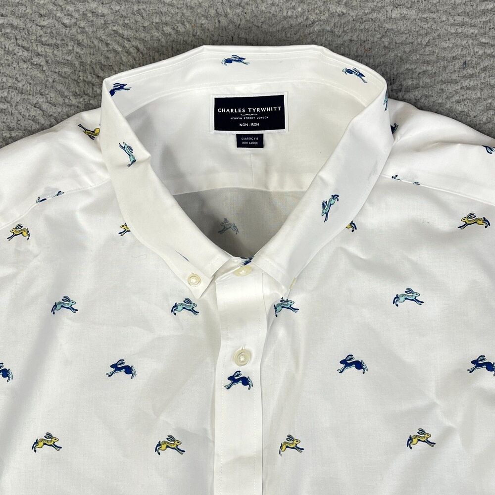 CHARLES TYRWHITT Shirt Mens 3XL White Hare Rabbit Graphic Classic Fit Non Iron